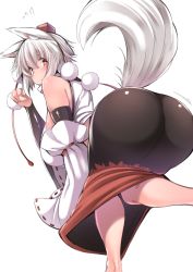 Rule 34 | 1girl, animal ears, ass, bare shoulders, bent over, breasts, hat, highres, inubashiri momiji, large breasts, looking at viewer, looking back, red eyes, shishi juuroku, short hair, silver hair, simple background, solo, tail, thick eyebrows, thighs, touhou, white background, wolf ears, wolf tail