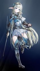 Rule 34 | 1girl, armor, blonde hair, blue eyes, boots, breasts, elf, garter straps, geppewi, hair ornament, highres, long hair, original, pointy ears, shield, skirt, solo, sword, thighhighs, weapon