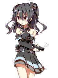 Rule 34 | bare shoulders, black hair, breasts, collar, dress, gloves, gun, highres, kuromazin19, long hair, neptune (series), nervous, red eyes, skirt, small breasts, thighs, tsundere, twintails, two side up, uni (neptunia), weapon