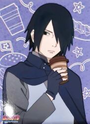 Rule 34 | black eyes, black hair, boruto: naruto next generations, cape, coffee cup, cup, disposable cup, fingerless gloves, frown, gloves, hair over one eye, holding, holding cup, long sleeves, looking at viewer, multicolored clothes, narrowed eyes, naruto (series), purple background, short hair, spiked hair, uchiha sasuke
