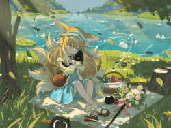 1girl ^_^ absurdres animal animal_ear_fluff animal_ears arknights basket blonde_hair blue_hairband blue_skirt bobby_socks brown_footwear cat chinese_commentary closed_eyes closed_mouth commentary_request cross-laced_clothes cross-laced_skirt fox_ears fox_girl fox_tail frilled_hairband frills full_body grass hairband heixiu highres holding holding_animal holding_cat kitsune kulomi kyuubi lake long_hair luo_xiaohei luo_xiaohei_(cat) luo_xiaohei_zhanji mary_janes multiple_tails outdoors shoes sitting skirt smile socks staff suzuran_(arknights) tail tree_stump white_socks