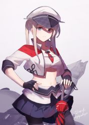 Rule 34 | 10s, 1girl, adapted costume, black pantyhose, blonde hair, blue eyes, blue skirt, breasts, collarbone, contrapposto, cowboy shot, crop top, cropped jacket, fami (yellow skies), fingerless gloves, gloves, graf zeppelin (kancolle), hair between eyes, hand on own hip, highres, kantai collection, large breasts, long hair, looking at viewer, midriff, navel, necktie, pantyhose, pleated skirt, red necktie, serious, sidelocks, skirt, solo, standing, twintails, umbrella, umbrella stand