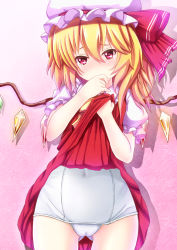 Rule 34 | 1girl, absurdres, blonde hair, blush, cameltoe, clothes lift, ebi 193, flandre scarlet, gluteal fold, hat, highres, hip focus, looking at viewer, navel, one-piece swimsuit, petite, red eyes, revision, school swimsuit, side ponytail, skirt, skirt lift, solo, swimsuit, swimsuit under clothes, tears, touhou, white school swimsuit, white one-piece swimsuit, wings