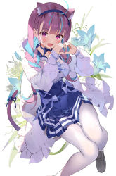 Rule 34 | 1girl, ahoge, anchor print, anchor symbol, animal ears, black footwear, blue hair, blue nails, blush, bow, braid, cat ears, cat girl, cat tail, choker, collarbone, dress, fingernails, gaou (umaiyo puyoman), hairband, heart, heart hands, highres, hololive, jacket, long sleeves, looking at viewer, minato aqua, minato aqua (sailor), multicolored hair, nail polish, open clothes, open mouth, pale skin, pantyhose, pleated skirt, purple eyes, purple hair, ribbon, shoes, short dress, skirt, sleeves past wrists, smile, solo, tail, twin braids, virtual youtuber, white pantyhose