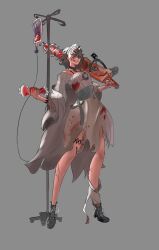 Rule 34 | anime coloring, black hair, blood, blood bag, blood on clothes, blood on face, chainsaw, crazy, crazy eyes, crazy smile, gore (white gore), guro, highres, hospital, hot, mature female, non-web source, novel illustration, official art, sketch, smile, thighs, video game