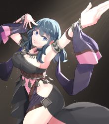 Rule 34 | 1girl, absurdres, alternate costume, arm up, armlet, bare shoulders, blue eyes, blue hair, breasts, byleth (female) (fire emblem), byleth (fire emblem), cleavage, commentary request, dancer, dancer (fire emblem: three houses), dancer outfit, dress, fire emblem, fire emblem: three houses, gem, haruteke, highres, jewelry, large breasts, looking at viewer, medium hair, nintendo, outstretched arm, outstretched hand, parted lips, shawl, single-shoulder dress, smile, solo, standing