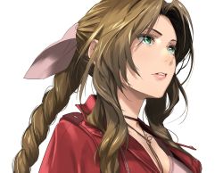 Rule 34 | 1girl, aerith gainsborough, bolo tie, bow, braid, braided ponytail, brown hair, enami katsumi, final fantasy, final fantasy vii, final fantasy vii remake, green eyes, jacket, looking to the side, parted bangs, parted lips, pink bow, red jacket, simple background, solo