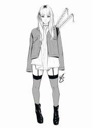 Rule 34 | 1girl, absurdres, blunt bangs, blunt ends, boots, collared shirt, expressionless, garter straps, greyscale, highres, hime cut, jacket, katana, looking at viewer, monochrome, multicolored hair, open clothes, open jacket, original, oversized clothes, oversized shirt, roots (hair), see-through, see-through legwear, shirt, signature, simple background, sketch, solo, sword, sword behind back, thighhighs, two-tone hair, weapon, weapon on back, yajuu (tristan maska)