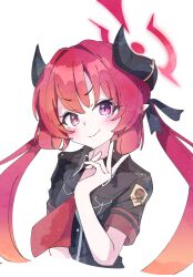 Rule 34 | 1girl, black horns, black shirt, blue archive, blush, closed mouth, collared shirt, cropped torso, demon horns, halo, hanozuku, horns, junko (blue archive), long hair, looking at viewer, necktie, red eyes, red hair, red halo, red necktie, shirt, short sleeves, simple background, smile, solo, twintails, upper body, white background