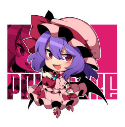 Rule 34 | 1girl, :d, ascot, bow, brooch, chibi, fang, footwear bow, full body, hair between eyes, hand on own chest, hat, hat ribbon, highres, jewelry, kamenozoki momomo, looking at viewer, medium hair, mob cap, open mouth, outline, pink footwear, pink hat, pink shirt, pink skirt, purple hair, red ascot, red bow, red eyes, red ribbon, remilia scarlet, ribbon, shirt, skirt, smile, solo, touhou, white outline, wrist cuffs