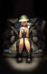 Rule 34 | 1girl, absurdres, backpack, bag, bespectacled, black-framed eyewear, black background, blue eyes, blue hair, boots, cabbie hat, clothes between thighs, dark, full body, glasses, hair bobbles, hair ornament, hat, highres, janyhero, jewelry, kawashiro nitori, key, key necklace, knees, light, long sleeves, matching hair/eyes, necklace, rubber boots, simple background, sitting, sleeves rolled up, smile, solo, sparkle, touhou, two side up