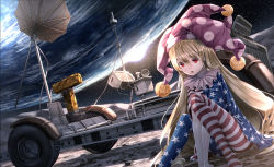 Rule 34 | 1girl, american flag, american flag legwear, blonde hair, clownpiece, earth (planet), frilled skirt, frills, hair between eyes, hat, highres, jester cap, long hair, looking at viewer, moon, on moon, open mouth, pantyhose, planet, polka dot, red eyes, ryosios, satellite dish, skirt, solo, space, star (sky), sun, touhou, v arms, vehicle, very long hair