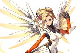 Rule 34 | 1girl, blonde hair, blue eyes, bodysuit, breasts, closed mouth, hand up, holding, holding weapon, impossible bodysuit, impossible clothes, kotatsu (g-rough), looking at viewer, mechanical wings, medium breasts, mercy (overwatch), overwatch, overwatch 1, ponytail, purple pupils, simple background, smile, solo, staff, upper body, weapon, white background, white bodysuit, wings
