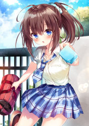 Rule 34 | 1girl, bag, blue eyes, blue necktie, blue scrunchie, blue skirt, blue sky, blush, brown footwear, brown hair, cloud, cloudy sky, collarbone, collared shirt, commentary request, day, duffel bag, female focus, food, gate, hair between eyes, hair ornament, hair scrunchie, holding, holding bag, holding food, looking at viewer, moe2018, necktie, nogi takayoshi, original, outdoors, parted lips, plaid, plaid necktie, plaid neckwear, plaid skirt, pleated skirt, popsicle, school bag, scrunchie, shirt, shoes, short sleeves, side ponytail, sidelocks, skirt, sky, solo, standing, standing on one leg, sunlight, white shirt