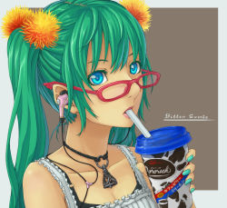 Rule 34 | 1girl, alternate costume, aqua hair, aqua nails, bad id, bad pixiv id, bespectacled, blue eyes, blue hair, bra, cable divider, camisole, casual, drink, earbuds, earphones, glasses, green hair, hair ornament, hatsune miku, headphones, jewelry, lingerie, lipstick, long hair, makeup, matching hair/eyes, nail polish, necklace, solo, twintails, underwear, vocaloid, yuru