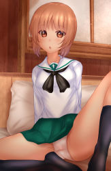 Rule 34 | 1girl, arms behind back, bed, black neckerchief, black socks, blouse, brown eyes, brown hair, butterfly sitting, commentary, commission, crotch seam, girls und panzer, green skirt, highres, indoors, knee up, long sleeves, looking at viewer, miniskirt, neckerchief, nishizumi miho, on bed, ooarai school uniform, open mouth, panties, pillow, pixiv commission, pleated skirt, sailor collar, school uniform, serafuku, shirt, short hair, shounen (hogehoge), sitting, skirt, socks, solo, underwear, white panties, white sailor collar, white shirt