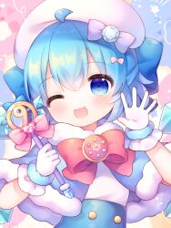 Rule 34 | 1girl, ;d, ahoge, beret, blue bow, blue capelet, blue eyes, blue hair, blush, bow, capelet, circled 9, cirno, coa (chroo x), comiket 103, fur-trimmed capelet, fur trim, gloves, hair between eyes, hair bow, hat, highres, holding, holding wand, one eye closed, open mouth, pink bow, purple bow, shirt, smile, solo, touhou, upper body, wand, white gloves, white hat, white shirt