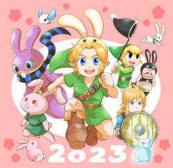 Rule 34 | 2023, 4boys, :d, absurdres, animal ears, aogaeru (pixiv46613656), belt, belt buckle, bird, black eyes, blonde hair, blue eyes, blue tunic, blupee, boots, brown belt, brown footwear, buck teeth, buckle, bunny hood (zelda), butterfly net, character request, chinese zodiac, clenched hands, closed mouth, commentary request, copyright request, earrings, fake animal ears, flower (symbol), frown, green headwear, green shirt, green tunic, hand net, hat, highres, holding, holding butterfly net, holding shield, jewelry, link, link (bunny), long hair, long sleeves, looking at viewer, low ponytail, multiple boys, nintendo, open mouth, parted bangs, pink background, pointy ears, ponytail, rabbit, rabbit ears, ravio, red eyes, running, sheerow, shield, shirt, short hair, short sleeves, sidelocks, simple background, smile, teeth, the legend of zelda, the legend of zelda: a link between worlds, the legend of zelda: a link to the past, the legend of zelda: breath of the wild, the legend of zelda: ocarina of time, the legend of zelda: spirit tracks, the legend of zelda: the wind waker, toon link, tunic, two-tone background, upper teeth only, v-shaped eyebrows, white background, wooden shield, year of the rabbit, young link