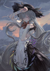 Rule 34 | 1girl, absurdly long hair, arm up, arm wrap, artist name, black hat, black skirt, blue hair, bow, bowtie, breasts, closed mouth, dress, eyebrows hidden by hair, feet out of frame, feiqizi (fkey), fkey, hair between eyes, hand on forehead, hand up, hat, highres, hinanawi tenshi, long hair, looking to the side, outdoors, pink eyes, rainbow order, red bow, red bowtie, short sleeves, skirt, sky, small breasts, solo, standing, touhou, twilight, very long hair, white dress