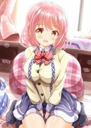Rule 34 | 1girl, :d, black socks, blue skirt, blush, bow, braid, breasts, brown eyes, brown shirt, collared shirt, commentary request, curtains, day, diagonal stripes, highres, hoshizaki akari, indoors, large breasts, looking at viewer, no shoes, ongeki, open mouth, pink hair, red bow, shirt, sitting, skirt, smile, socks, solo, striped, striped bow, sunlight, wariza, white shirt, window, xenon (for achieve)