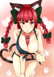 Rule 34 | 1girl, animal ears, between breasts, bikini, bikini pull, bow, braid, breasts, cat ears, cat girl, cat tail, clothes pull, female focus, front-tie top, gift, heart, heart tail, highres, kaenbyou rin, large breasts, leaning forward, oogatazin, pulled by self, red eyes, red hair, side-tie bikini bottom, smile, solo, swimsuit, tail, touhou, twin braids, twintails