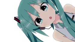 Rule 34 | 1girl, alpha transparency, aqua eyes, aqua hair, bad source, bare shoulders, blush, close-up, hair ornament, hatsune miku, head tilt, headset, lamazep, leaning to the side, light blush, long hair, looking at viewer, necktie, open mouth, shirt, sleeveless, sleeveless shirt, solo, third-party source, transparent background, upper body, vocaloid