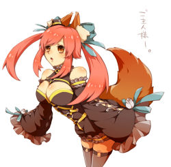 Rule 34 | 10s, 1girl, animal ears, bare shoulders, bow, breasts, cleavage, detached sleeves, fate/extra, fate/extra ccc, fate (series), fox ears, fox tail, hair bow, hair ribbon, large breasts, official alternate costume, pink hair, ribbon, solo, tail, tamaki (glass bottle), tamamo no mae (fate/extra), tamamo no mae (sable mage) (fate), thighhighs, twintails, yellow eyes