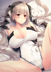 Rule 34 | 1girl, :o, azur lane, bare shoulders, blush, breasts, cleavage, competition swimsuit, detached sleeves, formidable (azur lane), hair ribbon, highleg, highleg swimsuit, highres, large breasts, light brown hair, liya, long hair, looking at viewer, lying, on back, one-piece swimsuit, orange eyes, ribbon, skindentation, solo, spread legs, swimsuit, thighs, twintails, two-tone ribbon, very long hair, white one-piece swimsuit