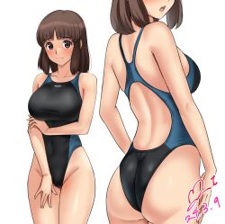 Rule 34 | 1girl, amagami, ass, bare arms, bare shoulders, black one-piece swimsuit, blue one-piece swimsuit, blush, breasts, brown eyes, brown hair, closed mouth, collarbone, commentary request, commission, competition swimsuit, covered navel, cowboy shot, dated, groin, hand on own thigh, highleg, highleg swimsuit, highres, large breasts, looking at viewer, medium hair, multiple views, one-piece swimsuit, open mouth, pixiv commission, raised eyebrows, signature, simple background, smile, split mouth, standing, swimsuit, tanaka keiko (amagami), teeth, two-tone swimsuit, upper teeth only, white background, yoo tenchi