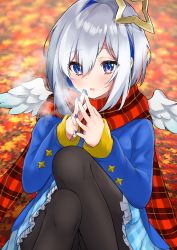 Rule 34 | 1girl, absurdres, amane kanata, autumn, autumn leaves, black pantyhose, blue dress, blue eyes, blue nails, bob cut, breath, breathing on hands, cold, commentary request, dress, fingernails, fingers together, frilled dress, frills, halo, hands up, haru (re ilust), highres, hololive, knees, knees up, leaf, looking at viewer, mini wings, multicolored hair, nail polish, open mouth, pantyhose, plaid, plaid scarf, scarf, silver hair, single hair intake, sitting, solo, star halo, two-tone hair, virtual youtuber, white wings, wings
