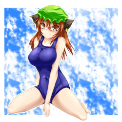 Rule 34 | 1girl, aged up, alternate breast size, alternate hair length, alternate hairstyle, animal ear fluff, animal ears, barefoot, breasts, brown eyes, brown hair, cat ears, cat girl, chen, fang, fang out, female focus, green hat, hat, huge breasts, mob cap, negamaro, one-piece swimsuit, outside border, school swimsuit, solo, swimsuit, touhou