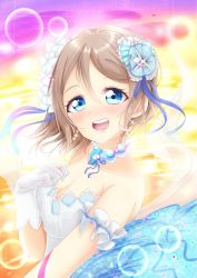 Rule 34 | 1girl, alternate hairstyle, artist request, blue dress, blue flower, blue ribbon, blue rose, blurry, blush, bokeh, breasts, cleavage, collarbone, cowboy shot, depth of field, dress, female focus, flower, glowstick, grey hair, hair flower, hair ornament, highres, jewelry, love live!, love live! sunshine!!, medium breasts, necklace, ribbon, rose, smile, solo, strapless, strapless dress, thank you friends!!, watanabe you