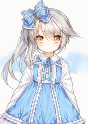 Rule 34 | 1girl, blue bow, blue dress, blue ribbon, blush, bow, brown eyes, closed mouth, collared dress, commentary request, dress, grey background, grey hair, hair between eyes, hair bow, long hair, long sleeves, looking at viewer, neck ribbon, ning hai (warship girls r), ribbon, ribbon-trimmed bow, ribbon-trimmed dress, shirt, side ponytail, sleeveless, sleeveless dress, solo, tengxiang lingnai, warship girls r, white shirt
