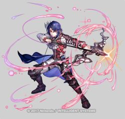 Rule 34 | 1boy, alcryst (fire emblem), armor, arrow (projectile), ascot, blue hair, bow (weapon), commentary request, drawing bow, fire emblem, fire emblem engage, fire emblem heroes, full body, greaves, grey background, hair ornament, hairclip, holding, holding bow (weapon), holding weapon, long sleeves, male focus, nintendo, official art, pants, red eyes, red vest, senano-yu, shirt, short hair, shoulder armor, sidelocks, simple background, solo, standing, vest, waist cape, weapon, white ascot, white pants, white shirt