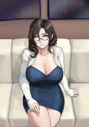 Rule 34 | 1girl, absurdres, arm support, blue dress, breasts, brown eyes, brown hair, cardigan, cleavage, closed mouth, couch, dress, from above, glasses, highres, huitu xigai, large breasts, looking at viewer, mature female, medium hair, original, semi-rimless eyewear, short dress, sitting, solo, white cardigan