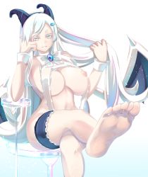 Rule 34 | barefoot, breasts, chest jewel, choker, commentary request, demon girl, demon horns, demon wings, foot focus, highres, horns, large breasts, nipples, one-piece swimsuit, one breast out, original, parted bangs, pointy ears, ribbon, shiki (psychedelic g2), short eyebrows, sitting, sitting on object, slingshot swimsuit, swimsuit, thigh strap, white hair, white one-piece swimsuit, white ribbon, white slingshot swimsuit, wings, yellow eyes