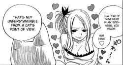 Rule 34 | 00s, 1boy, 1girl, animal, animal ears, arms under breasts, bare arms, bare shoulders, blush, breasts, cat, cleavage, closed mouth, collarbone, crossed arms, facing another, fairy tail, hair ornament, hair ribbon, hair tie, half-closed eyes, happy, happy (fairy tail), heart, large breasts, long hair, looking at another, lucy heartfilia, mashima hiro, monochrome, ponytail, ribbon, scanlation, seductive smile, side ponytail, sitting, smile, smirk, squatting, tank top, upper body