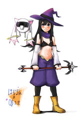 Rule 34 | 1girl, akemi homura, bare shoulders, bikini, bikini top only, black hair, blindfold, blush, boots, breasts, cleavage, cosplay, detached sleeves, flying, fusion, ganbo, hat, holding, holding weapon, jewelry, kyubey, long hair, looking at viewer, mahou shoujo madoka magica, mahou shoujo madoka magica (anime), midriff, monster, navel, pantyhose, pointy ears, purple eyes, ring, rivalun, rivalun (cosplay), scarf, silverxp, simple background, small breasts, staff, stomach, sweatdrop, swimsuit, wand, weapon, white background, witch hat, yuru yuri