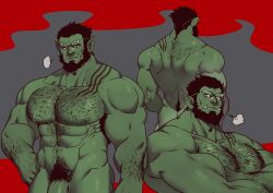 Rule 34 | 1boy, abs, absurdres, back hair, bara, beard, colored skin, commentary, cowboy shot, crossed arms, english commentary, facial hair, flaccid, frown, full beard, green skin, guppo13, hairy, highres, large pectorals, looking at viewer, male focus, male pubic hair, mature male, monster boy, multiple views, muscular, muscular male, navel, navel hair, nipples, orc, original, out-of-frame censoring, pectorals, penis, penis peek, pointy ears, pubic hair, puff of air, standing, stomach, strongman waist, thick arm hair, thick beard, thick chest hair, thick eyebrows, thick navel hair, tusks, very hairy