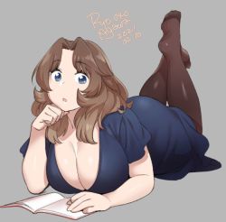 Rule 34 | 1girl, 2021, agawa ryou, blue eyes, book, breasts, brown hair, brown pantyhose, cleavage, commentary, dated, english commentary, grey background, large breasts, legs up, long hair, looking at viewer, lying, on floor, original, pantyhose, parted lips, simple background, solo, thick thighs, thighs