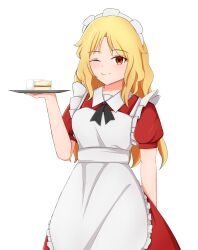 Rule 34 | 1girl, ;), absurdres, apron, blonde hair, cake, closed mouth, commentary, dress, english commentary, food, hatoman (ytef4434), highres, long hair, maid, maid headdress, one eye closed, red dress, red eyes, short sleeves, simple background, smile, solo, touhou, touhou (pc-98), white apron, white background, yumeko (touhou)