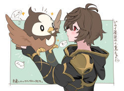 Rule 34 | ahoge, alternate color, animal, armor, bird, blush, breastplate, brown hair, commentary request, creatures (company), crossover, eyelashes, fingerless gloves, game freak, gen 4 pokemon, gloves, granblue fantasy, hair between eyes, holding, holding animal, hood, hood down, male focus, messy hair, nintendo, parted lips, pokemon, pokemon (creature), profile, sandalphon (granblue fantasy), shiny pokemon, sparkle, speech bubble, starly, tekki (tki), translation request