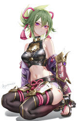 Rule 34 | 1girl, absurdres, bare shoulders, black shirt, black thighhighs, breasts, commentary request, crop top, genshin impact, green hair, highres, jacket, kuki shinobu, looking at viewer, medium breasts, midriff, navel, off shoulder, pottsness, purple eyes, purple jacket, seiza, shirt, short hair, short shorts, shorts, sitting, sleeveless, sleeveless shirt, solo, stomach, thighhighs, thighs, toenails