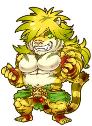 Rule 34 | 1boy, abs, acrylic stand, animal ears, bandaged hand, bandages, bara, belt, blush, bulge, chibi, colored sclera, full body, furry, furry male, green sclera, grin, hair over one eye, large pectorals, long hair, looking at viewer, macan (housamo), male focus, muscular, muscular male, navel, nipples, pectorals, smile, solo, standing, stomach, tiger boy, tiger ears, tokyo houkago summoners, topless male, wrestling outfit, yellow fur, yukashita