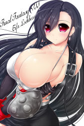 Rule 34 | 1990s (style), 1girl, bad id, bad pixiv id, black hair, blush, breast hold, breasts, bursting breasts, cleavage, final fantasy, final fantasy vii, gauntlets, huge breasts, long hair, red eyes, retro artstyle, skindentation, solo, split mouth, syroh, tifa lockhart, undersized clothes, very long hair