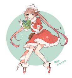 Rule 34 | 1girl, :o, alternate costume, asagumo (kancolle), bag, beret, blush, box, brown eyes, brown hair, christmas, dress, elbow gloves, frilled dress, frills, full body, fur collar, fur trim, gift, gloves, hair ornament, hat, high heels, holding, holding gift, holly, kantai collection, open mouth, pom pom (clothes), puffy short sleeves, puffy sleeves, red dress, red footwear, shakemi (sake mgmgmg), short sleeves, simple background, solo, star (symbol), twintails, white gloves, white hat
