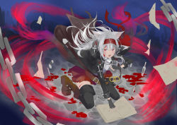 Rule 34 | 1girl, absurdres, agehachou tsukushi, ahoge, animal ears, belt, blood, blood on clothes, blood on face, book, boots, cat ears, chain, fingerless gloves, gloves, goggles, goggles around neck, headband, highres, injury, knife, long coat, long hair, looking at viewer, open book, original, pleated skirt, red eyes, shirt, silver hair, skirt, sky, solo, star (sky), starry sky, thighhighs, throwing knife, weapon