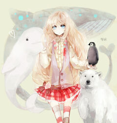 Rule 34 | 1girl, :o, animal, bear, bird, blonde hair, blue eyes, bow skirt, commentary request, dolphin, fish, frilled shirt collar, frills, heart, juexing (moemoe3345), long hair, long sleeves, looking at viewer, original, penguin, pink vest, plaid, plaid skirt, polar bear, red skirt, seal (animal), shirt, skirt, solo, standing, striped clothes, striped thighhighs, thighhighs, vest, whale, yellow background, yellow shirt, zettai ryouiki