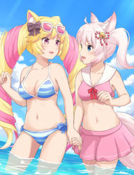 Rule 34 | 2girls, absurdres, ahoge, animal ears, bell, bikini, blonde hair, blue eyes, blue sky, bow, bow panties, bra, breasts, cat ears, cat girl, cat tail, cleavage, cloud, collarbone, commentary, day, drill hair, eye contact, eyewear on head, fox ears, fox girl, fox tail, hair bow, holding hands, highres, howan (show by rock!!), jingle bell, light blush, long hair, looking at another, machikado, mashima himeko (show by rock!!), medium breasts, multicolored hair, multiple girls, navel, ocean, open mouth, outdoors, panties, partially submerged, pink hair, purple eyes, short hair, show by rock!!, skirt, sky, smile, sunglasses, sunlight, swimsuit, tail, twintails, underwear, very long hair, wet, white hair, yuri