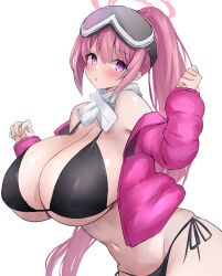 Rule 34 | 1girl, absurdres, bikini, black bikini, blue archive, blush, breasts, cleavage, eimi (blue archive), eimi (swimsuit) (blue archive), goggles, goggles on head, groin, halo, highres, huge breasts, jacket, long hair, long sleeves, looking at viewer, navel, official alternate costume, open clothes, open jacket, parted lips, pink eyes, pink hair, pink halo, pink jacket, ponytail, simple background, ski goggles, solo, swimsuit, very long hair, white background, yuuki shuri